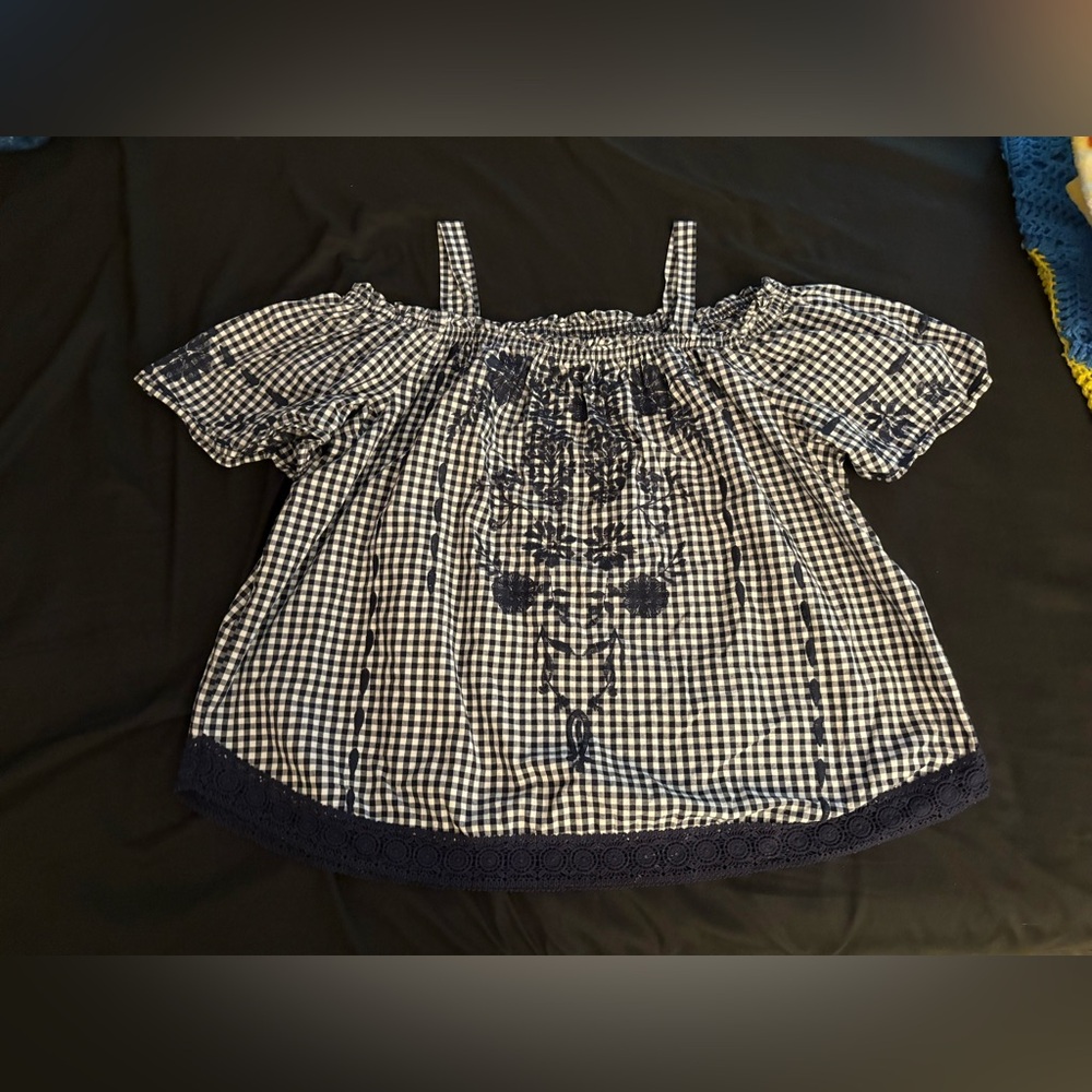 Women’s Knox Rose Gingham Checkered Off-Shoulder Top with Navy Embroidery in XL